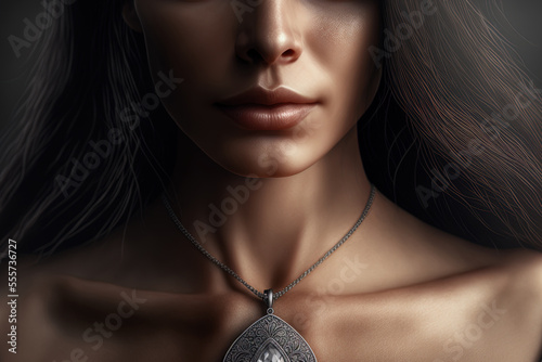 a woman wearing a stunning silver necklace with a pendant in close up. Generative AI