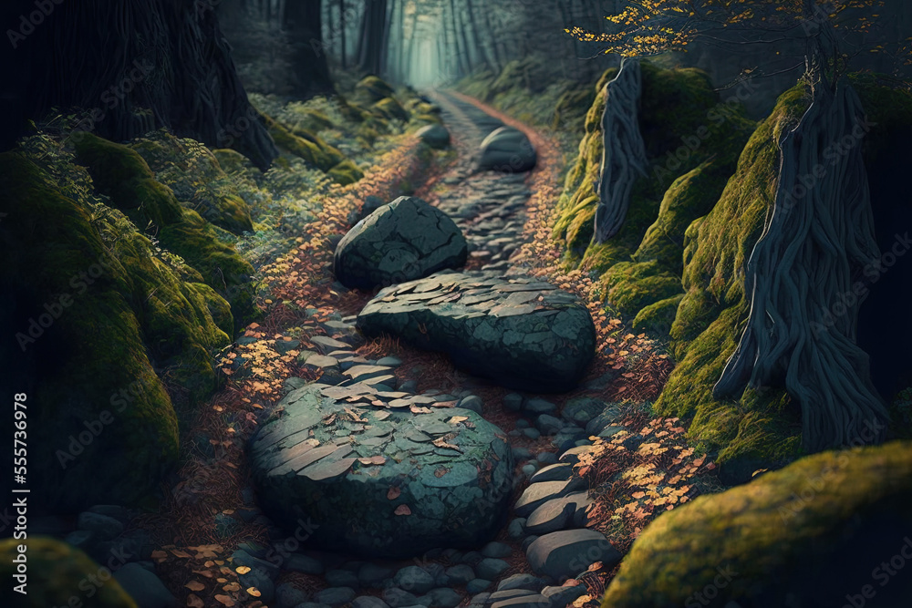 Fototapeta premium a route made of stones through a thick forest. Generative AI