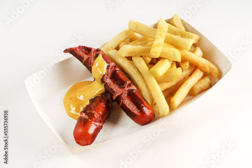sausage with french fries in box