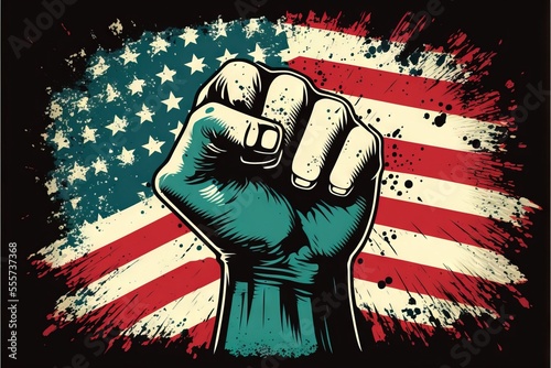  a fist in front of an american flag background with grunge effects and a spray paint effect to the foreground. Generative AI