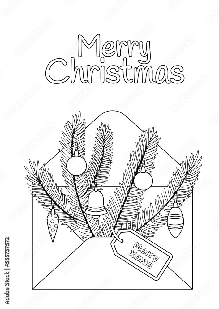 Christmas letter coloring page. Black and white envelope. Vector