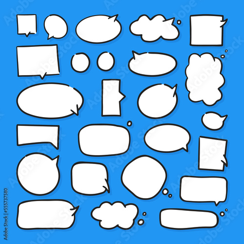 blank white speech bubbles hand drawn set isolated on blue background. vector illustration