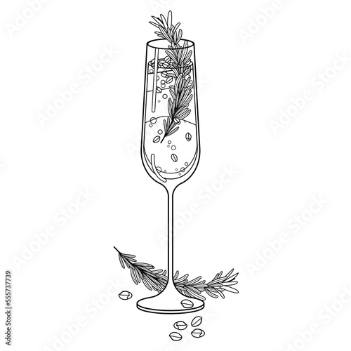 Pomegranate Champagne cocktail with rosemary outline vector isolated on white background. Christmas Winter holiday party drink black line illustration