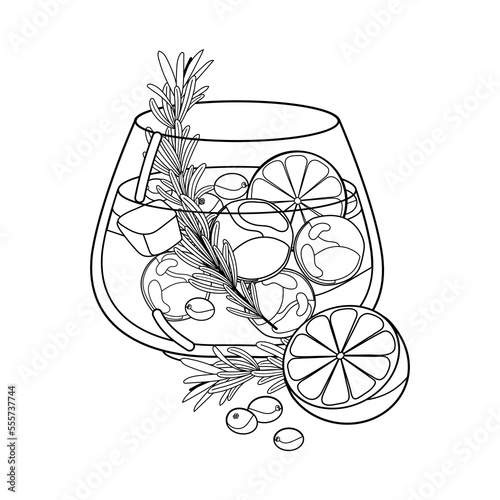 White Christmas margarita cocktail outline vector isolated on white background. Coconut margarita with cranberries and rosemary. Winter holiday alcohol drink black line illustration