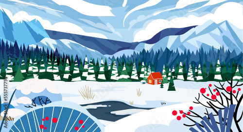 Cute winter landscape with red forest cabin cottage. Winter banner. Lovely houses in a snowy valley. Horizontal winter forest scenic background illustration