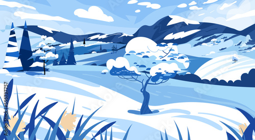 Winter Mountains landscape with fir trees and hills. Forest scenic background illustration