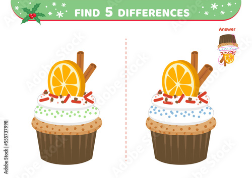 Dessert with orange. Cupcake. Find 5 differences. Game. Flat  cartoon  vector