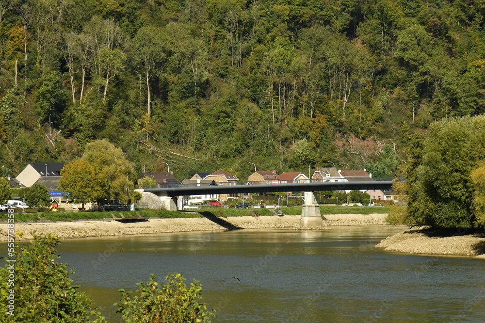 Le pont de Rouillon traversant la Meuse entre les collines très boisées à Godinne à mi chemin entre Namur et Dinant 