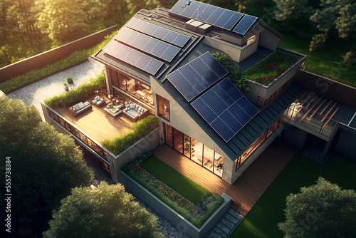 Foto a view from above of a home with solar photovoltaic panels on the roof providing clean power