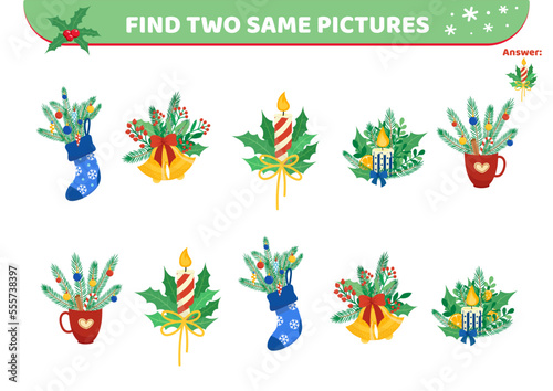Christmas elements. Find two same pictures. Game for children. Flat, cartoon, vector