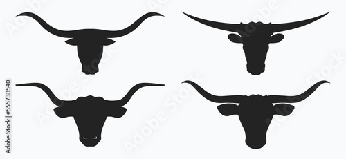Bull head logo icon set. Bullhead silhouette long horn vector template