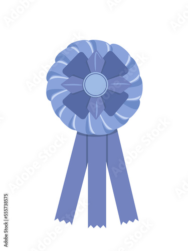 Blue ribbon rosette for dog winner. Flat, cartoon, vector