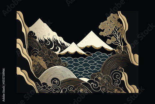 Artistic landscape of mountain forest and sea waves in oriental style painted with watercolor texture in vintage style. Black color.