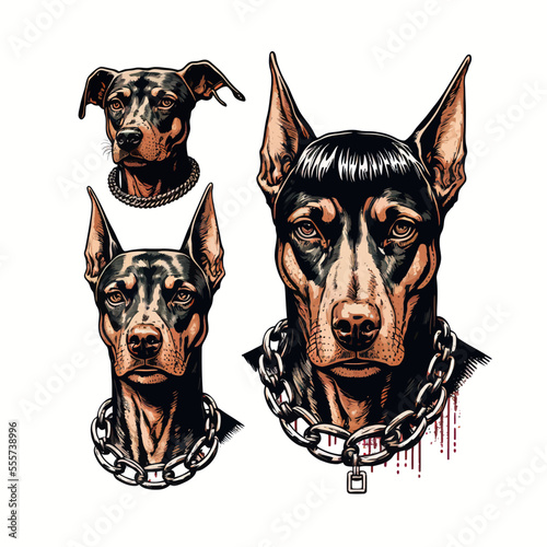 The dog is a Doberman. Dog with a spiked collar and chain. Isolated on background. Cartoon flat vector illustration