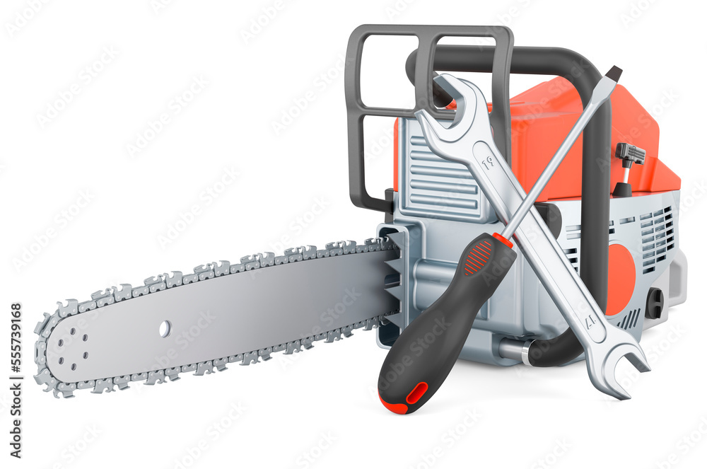 Naklejka premium Chainsaw with screwdriver and wrench, 3D rendering