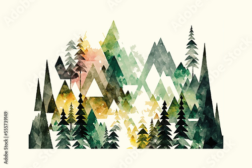 Artistic landscape of a mountain forest in oriental style painted with watercolor texture in vintage style. Isolated on background. Cartoon flat vector illustration