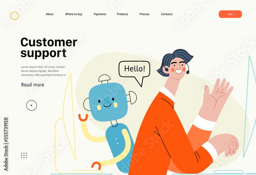 Fototapeta Naklejka Na Ścianę i Meble -  Customer support -Online shopping and electronic commerce series -modern flat vector concept illustration of an operator and bot greeting a client. Promotion, discounts, sale and online orders concept