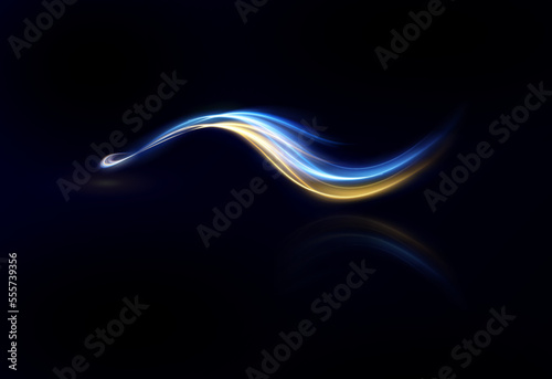 Light blue and yallow Twirl. Curve light effect of blue, gold line. Wind light effect png.  Element for your design, advertising, postcards, invitations, screensavers, websites, games.	 