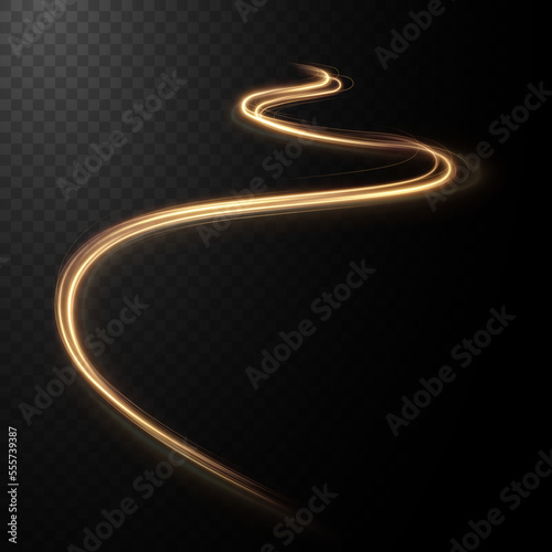 Gold, yellow curved light line, rope, tape. Smooth festive neon line with light effects. Element for your design, advertising, postcards, invitations, screensavers, websites, games. 