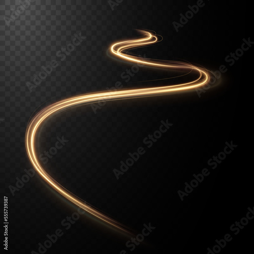 Gold, yellow curved light line, rope, tape. Smooth festive neon line with light effects. Element for your design, advertising, postcards, invitations, screensavers, websites, games.	