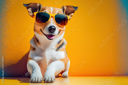 A cute puppy wearing sunglasses on a yellow or bright backdrop. summer vacation idea Mongrel dog taking a sunbath. An outbred tricolor dog extends its tongue. Generative AI photo