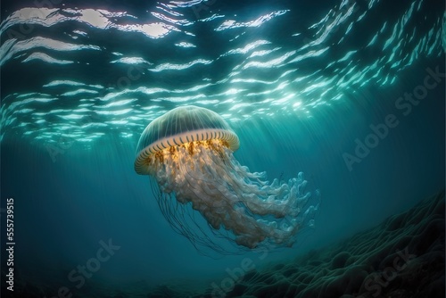  a jellyfish swimming in the ocean with a lot of bubbles on it's back end and a lot of water around it. Generative AI photo