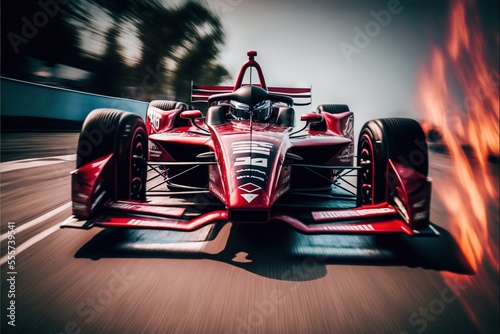  a red race car driving down a track with a blurry background of trees and buildings in the background. Generative AI photo