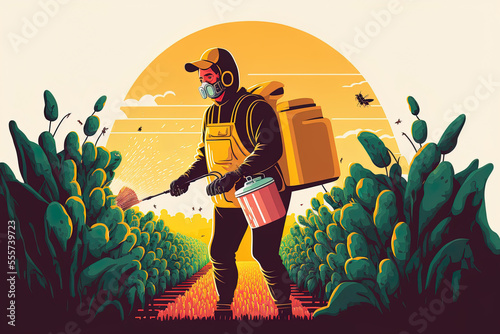 A farmer sprays a herbicide or pesticide on a crop. Man applying fertilizer or chemicals to a plantation. Chemical pest treatment. illustration. Generative AI photo