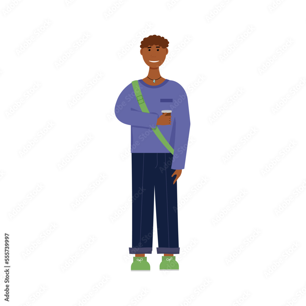 A young African student stands with a glass of coffee in his hand. Vector illustration. For covers, brochures, promotional booklets, social networks.