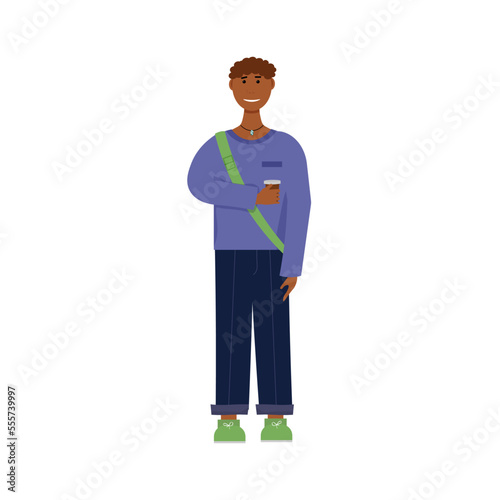A young African student stands with a glass of coffee in his hand. Vector illustration. For covers, brochures, promotional booklets, social networks.