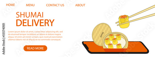 Shumai delivery landing page template vector illustration. Hot dumplings in bamboo steamer on smartphone's screen and one in chopsticks. Traditional Chinese food banner