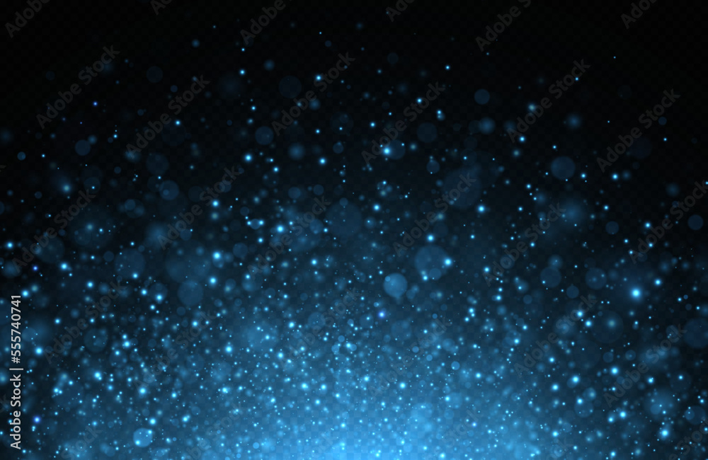 Glowing background of sparkles particles. Luminous background of sun flares. Blue sparks glitter special light effect. 