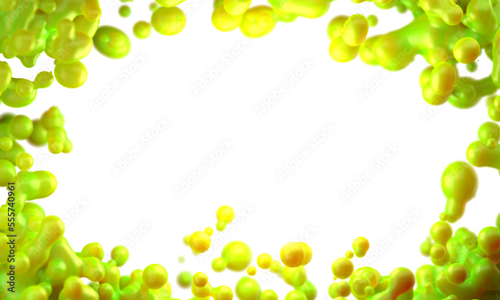Digital abstract background of flying, flowing spheres, metaballs. Framed into circle slime Green substance slime isolated on white background. Subsurface scattering . Depth of field. 3D render Digital abstract background of flying, flowing spheres, metaballs. Framed into circle slime Green substance slime isolated on white background. Subsurface scattering . Depth of field. 3D render