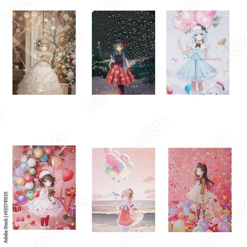 Set of beautiful cute girl Anime New Year theme. Cute Young Girl Japanese anime girl. A manga-style poster. Cute little girl character cartoon portrait, young fashionista art illustration.
