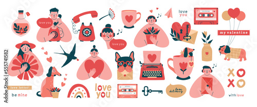 Big collection of creative Valentine's Day clip arts.Cute kawaii illustrations of persons, dogs, ribbon, typewriter, cassette, telephone, heart, love letter, cup. Vector cartoon clip arts with text.