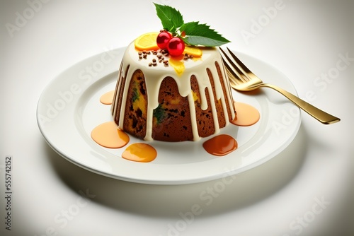 Christmas fruit cake, pudding on white plate. Copy space photo