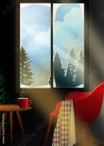 Red chair, coffee mug beside a window.Winter illustration with snow frost on the window, pine trees 