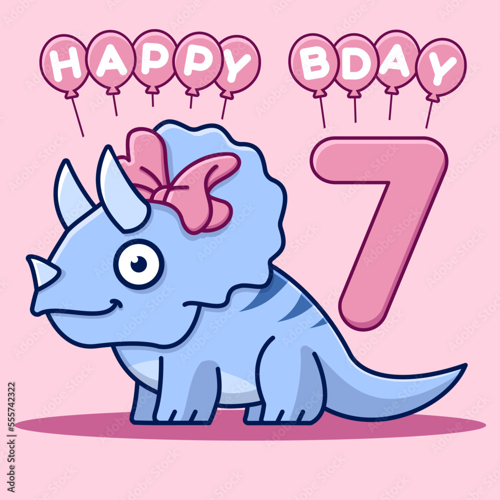 Naklejka premium Happy 7th birthday card. Cute triceratops with bow and balloons. Flat vector illustration.