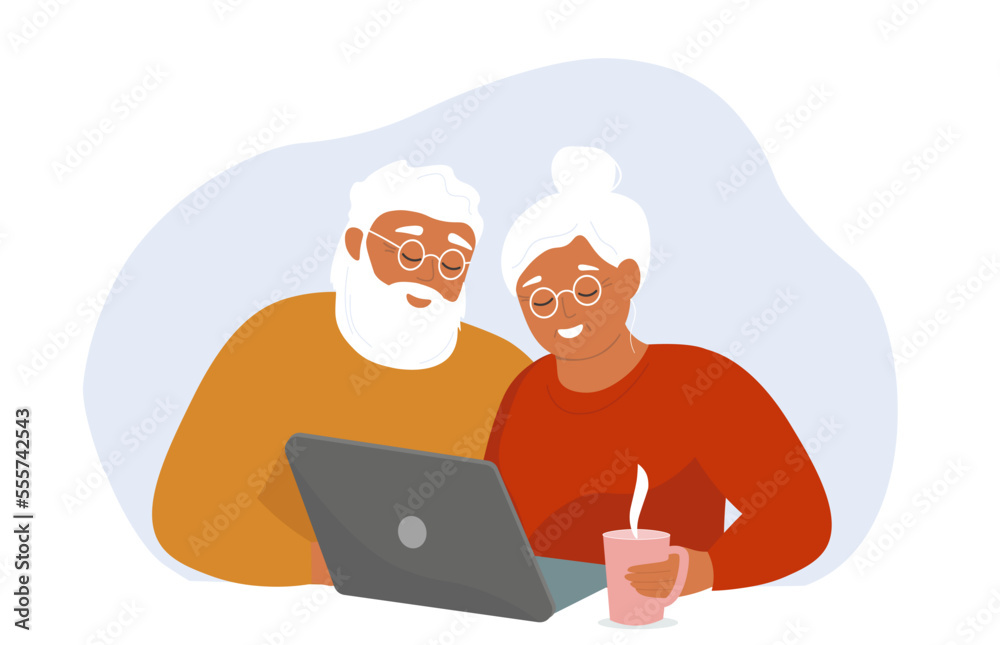 An elderly couple is sitting with a laptop. Old people communicate online. Gray-haired man and woman. Vector graphics.