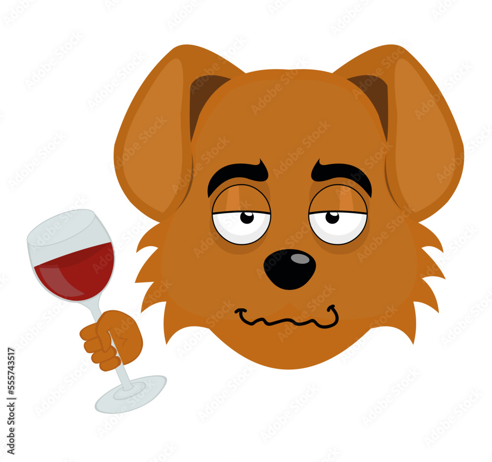 vector illustration of the face of a drunk cartoon dog with a glass of wine in his hand