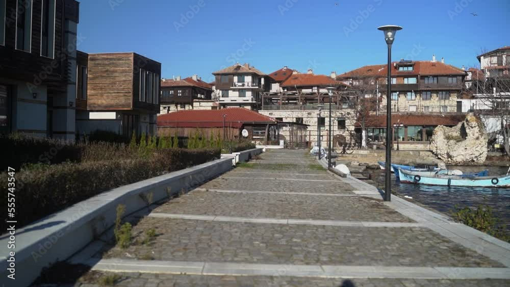 A view of a deserted city without people in the off-season in winter in the historic town of Nessebar in Bulgaria. A view of a deserted city without people in the off-season in winter in the historic town of Nessebar in Bulgaria.