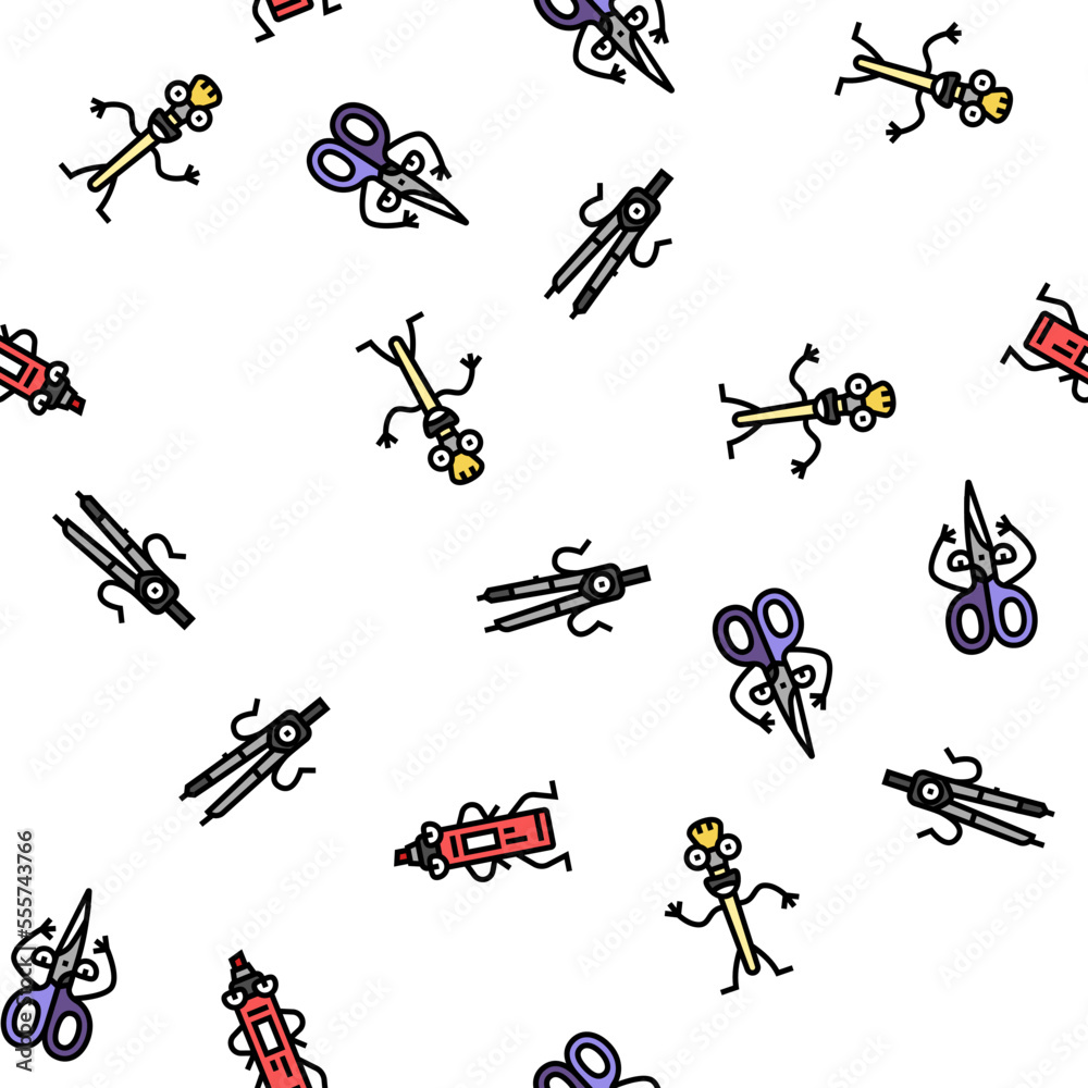 stationery character school vector seamless pattern thin line illustration