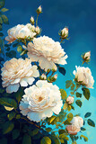 White bush roses on a background of blue sky in the sunlight. Beautiful spring or summer floral background. art illustration