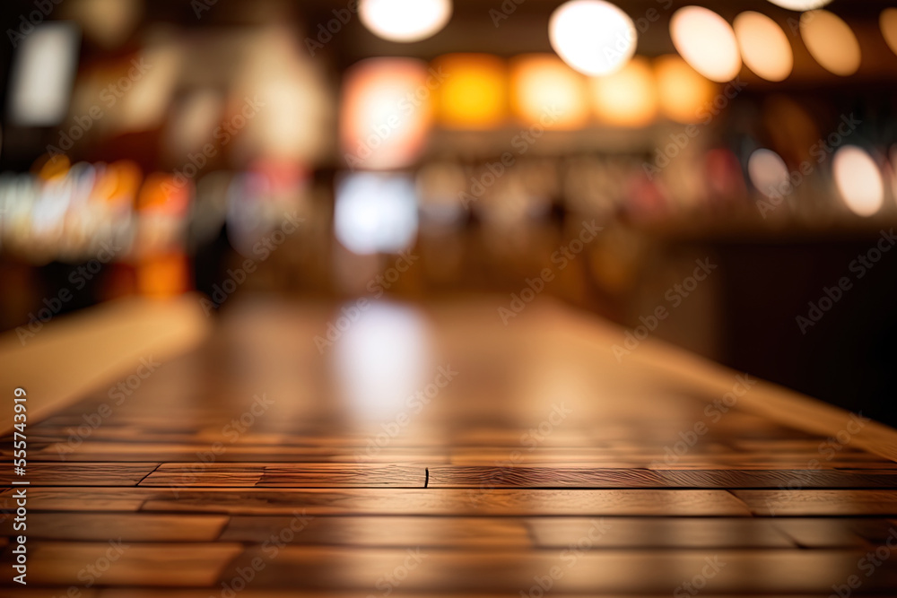 Wood table top with blurred, out of focus backdrop from a grocery shop, with bokeh lighting for product display. Generative AI