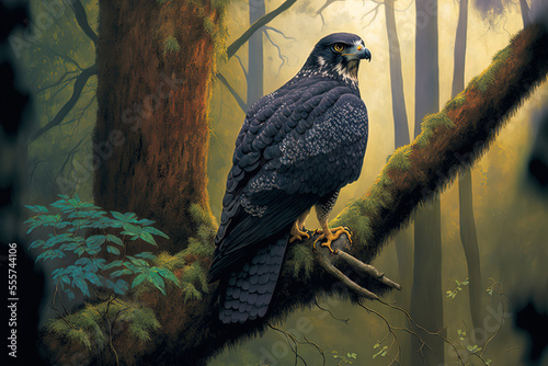 A black falcon or hawk perches on a tree in a woodland. Generative AI