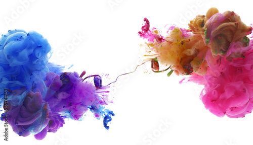 Ink blue, magenta color smoke wave blot on Png transparent Abstract background.