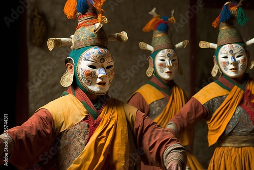TSECHUS, BHUTAN, Masked dancers at a tsechu in Paro, Bhutan photo