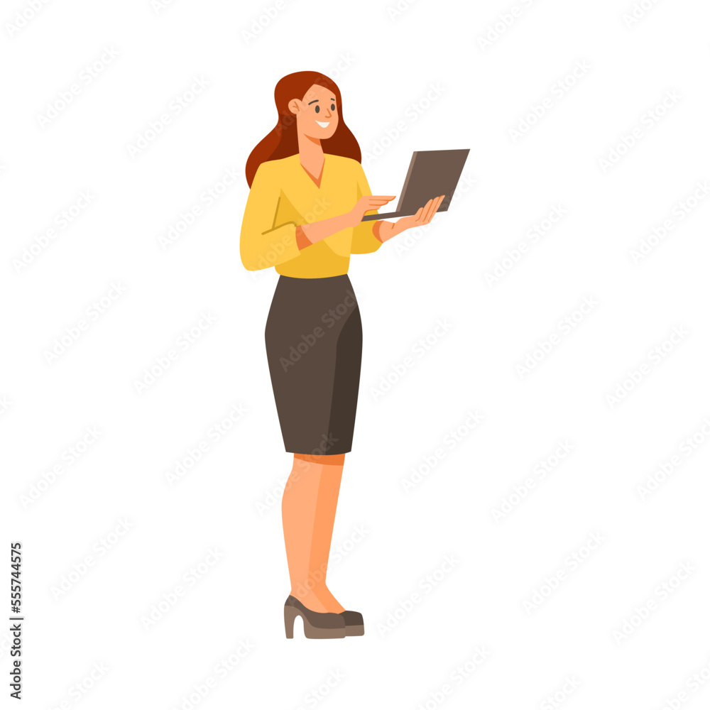 Cheerful Woman Office Worker Standing with Laptop and Smiling Vector Illustration Cheerful Woman Office Worker Standing with Laptop and Smiling Vector Illustration