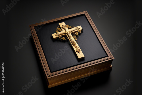 wooden crucifix at a funeral idea on a black backdrop, top view copy space. Generative AI