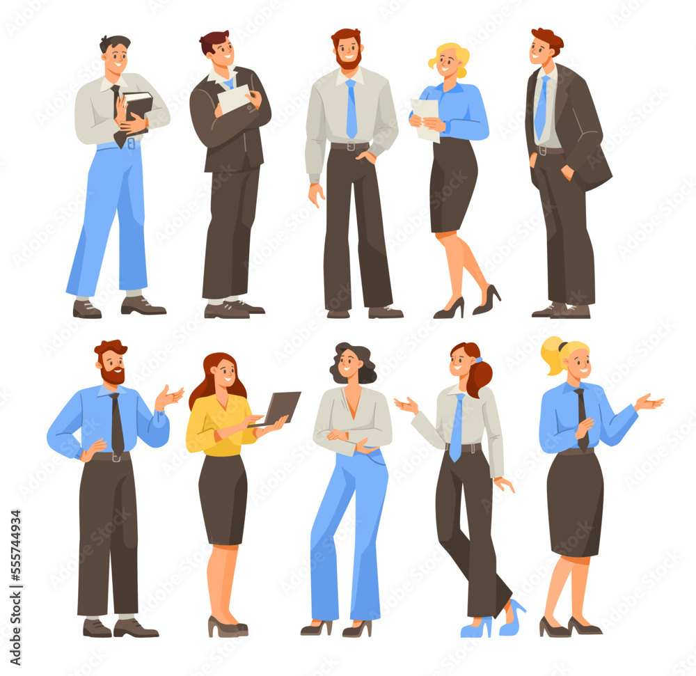 Cheerful Man and Woman Office Worker Standing with Laptop and Paper Document and Smiling Vector Illustration Set Cheerful Man and Woman Office Worker Standing with Laptop and Paper Document and Smiling Vector Illustration Set